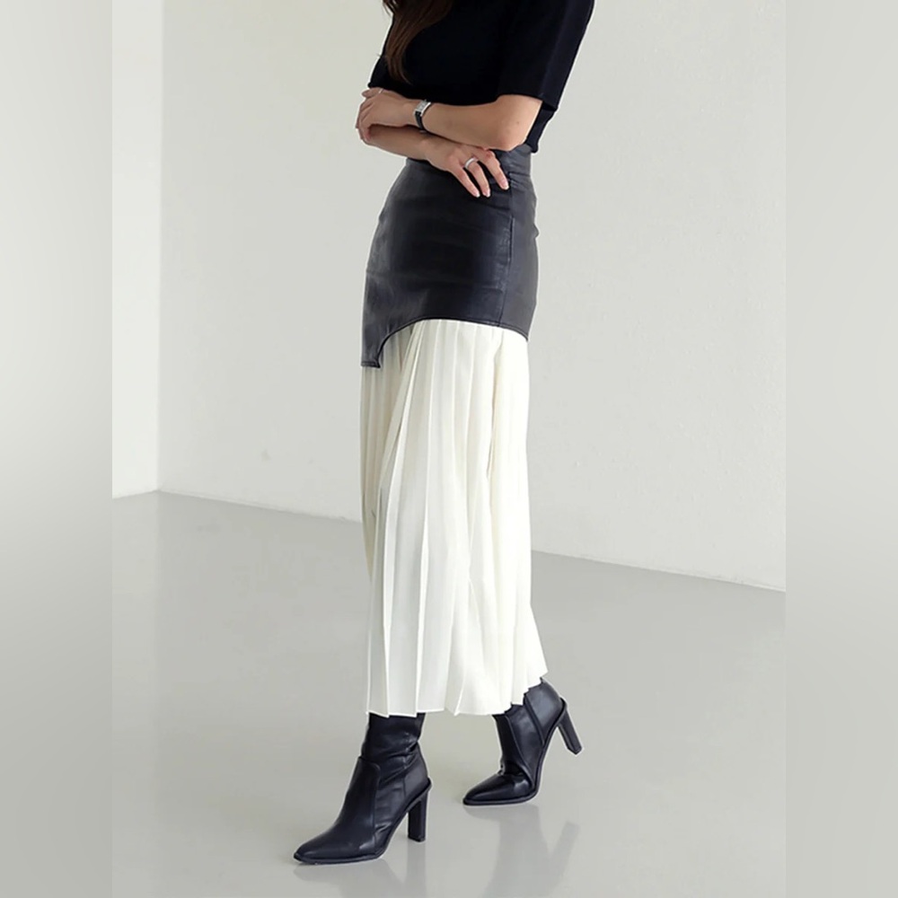 074. Commense Asymmetric Patchwork Faux Leather Chiffon Pleated Maxi Skirt M - Picture 4 of 4